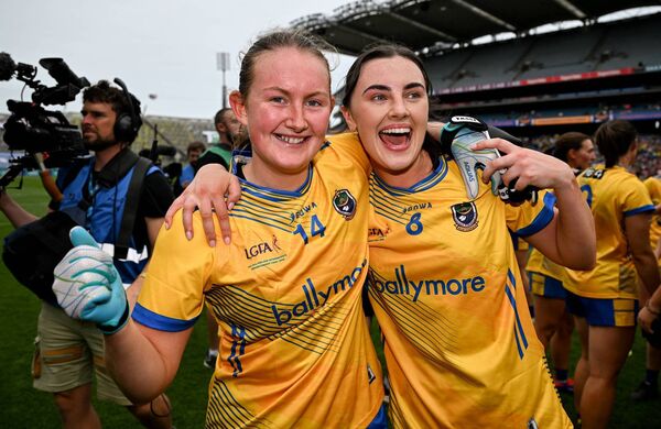 FROM CLUB TO COUNTY: Aisling Feely celebrates with her Boyle team-mate, Ruth Cox, following Roscommon's All-Ireland intermediate ladies' football final success in Croke Park on Sunday. Picture: Paul Phelan/Sportsfile