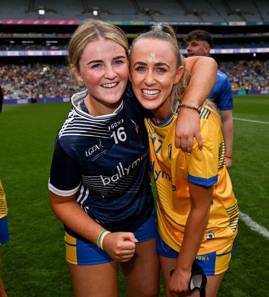Roscommon players Leah McCawley and Rachel Brady toast their side's famous success against Fermanagh in Croke Park on Sunday last. Picture: Paul Phelan/Sportsfile
