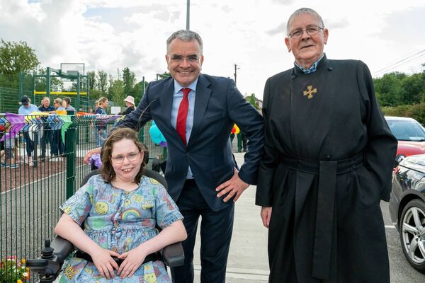 Zoe Cyran, Minister Calleary and Richard Kennedy at the opening of the new Castleplunkett Playrgound. Pic: Breda Durr