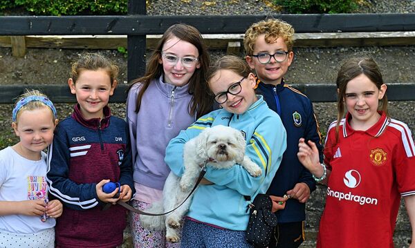 Ethel, Dorothy and Isabelle Wallace, Conor and Gráinne Morgan, with Anne Kelly and Millie the dog supporting Boyle during their recent senior football championship game against Clann na nGael at Abbey Park. Pic: Gerard O'Loughlin