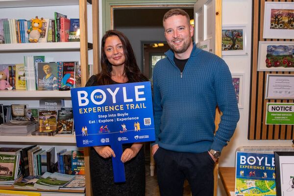 Councillor Leah Cull and Ciarán Sheerin, Boyle Town Team, celebrating the launch of the Boyle Experience Trail - a printed guide and interactive digital map that brings together the town's heritage, culture and local food businesses into one unforgettable visitor experience. Picture: Athlone Photography Councillor Leah Cull and Ciarán Sheerin, Boyle Town Team, celebrating the launch of the Boyle Experience Trail - a printed guide and interactive digital map that brings together the town's heritage, culture and local food businesses into one unforgettable visitor experience. Picture: Athlone Photography