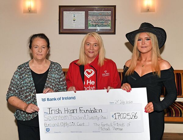 A fundraising event for the Irish Heart Foundation was held in early July in memory of the late Michael Tiernan. Picture shows Marcella Gemmell, patient service co-ordinator Ireland West (centre), accepting a cheque in the sum of €17,025.86 from event organisers Marie Tiernan and Aisling Fitzmaurice in Dowd’s of Glinsk. Pic: Gerard O’Loughlin A fundraising event for the Irish Heart Foundation was held in early July in memory of the late Michael Tiernan. Picture shows Marcella Gemmell, patient service co-ordinator Ireland West (centre), accepting a cheque in the sum of €17,025.86 from event organisers Marie Tiernan and Aisling Fitzmaurice in Dowd’s of Glinsk. Pic: Gerard O’Loughlin