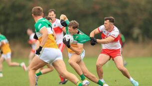 <p>Diarmuid Murtagh tests the strength of Colin Walsh's jersey during Sunday's senior football championship clash between St. Faithleach's and Oran in Kilbride. Picture: Bernie O'Farrell </p> <p>Diarmuid Murtagh tests the strength of Colin Walsh's jersey during Sunday's senior football championship clash between St. Faithleach's and Oran in Kilbride. Picture: Bernie O'Farrell </p>
