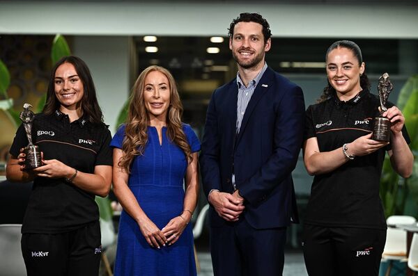 Global ETF Leader and Partner at PwC Ireland, Marie Coady, and GPA CEO, Tom Parsons, with PwC GPA Players of the Month for August, Cork camogie player Sorcha McCartan (right), and Roscommon ladies' footballer Saoirse Wynne at the PwC offices in Dublin. Picture: David Fitzgerald/Sportsfile Global ETF Leader and Partner at PwC Ireland, Marie Coady, and GPA CEO, Tom Parsons, with PwC GPA Players of the Month for August, Cork camogie player Sorcha McCartan (right), and Roscommon ladies' footballer Saoirse Wynne at the PwC offices in Dublin. Picture: David Fitzgerald/Sportsfile