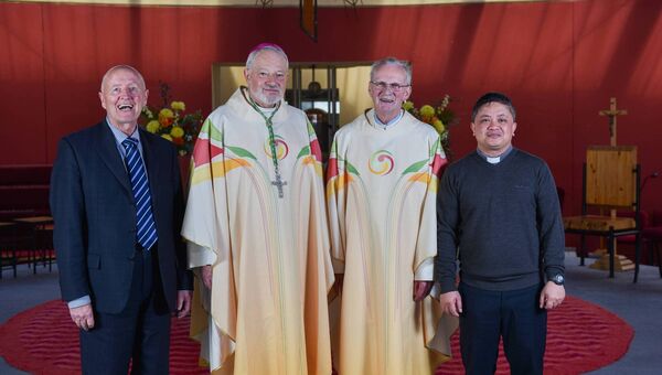 Padraig Harrington, sacristan; Bishop Kevin Doran; Canon Gerry Hanly and Rev. Jonas Rebamontan CC after a Mass of Thanksgiving was celebrated  in St. Joseph’s Church, Boyle marking the 50th anniversary of Canon Gerry’s ordination to the priesthood. 