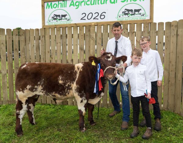 John, Aaron and Luke McDermott from Elphin with their reserve junior Shorthorn champion at Mohill Show. Pic: Gerry Faughnan John, Aaron and Luke McDermott from Elphin with their reserve junior Shorthorn champion at Mohill Show. Pic: Gerry Faughnan
