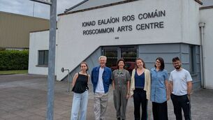<p>The cast of the play 'Hills of the Hares' with Raymond Keane mask and movement facilitator and Lisa Sweeney mask maker.</p>