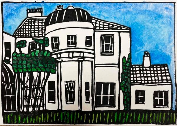 Ballindoon House : Lakeside Elevation by Josie Fleming. Lino print & watercolour. Ballindoon House : Lakeside Elevation by Josie Fleming. Lino print & watercolour.
