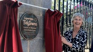 <p>President Connolly unveils the Tidy Towns winner’s plaque at the Market Yard Centre. Pic: Noreen Gaffney </p>