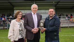 <p>Castlerea St. Kevin's Chairperson, John Murphy, makes a presentation to Martin Duggan and his wife Beeege at the unveiling of the Martin Duggan Stand in O'Rourke Park on Saturday evening. Jnr, Chairperson of Castlerea St. Kevins making a presentation to Martin Duggan accompanied by his wife Breege Duggan.</p> <p>Castlerea St. Kevin's Chairperson, John Murphy, makes a presentation to Martin Duggan and his wife Beeege at the unveiling of the Martin Duggan Stand in O'Rourke Park on Saturday evening. Jnr, Chairperson of Castlerea St. Kevins making a presentation to Martin Duggan accompanied by his wife Breege Duggan.</p>