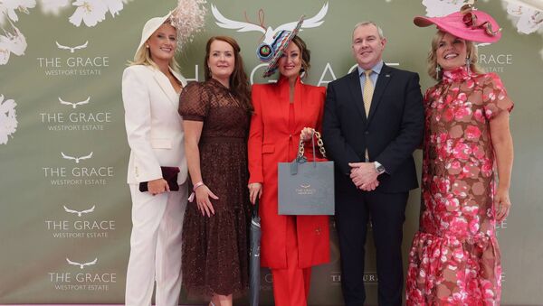 Laura Hanlon from Roscommon was crowned Best Dressed at The Curragh's final style competition of the year. She is pictured with Sarah Butler, Siobhan O'Sullivan, marketing executive, The Grace, Westport Estate, Ciaran Reidy, general manager of The Grace, Westport Estate and Marietta Doran. Pic: Lorraine O'Sullivan