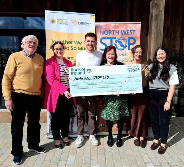 Fergal Guihen presents a cheque for €105,000 to North West STOP Ltd accepted by Sean Fallon, Nicola O'Connor, Carmel Fallon, Cllr Leah Cull, Michelle McNama. Pic: Noreen Gaffney Fergal Guihen presents a cheque for €105,000 to North West STOP Ltd accepted by Sean Fallon, Nicola O'Connor, Carmel Fallon, Cllr Leah Cull, Michelle McNama. Pic: Noreen Gaffney