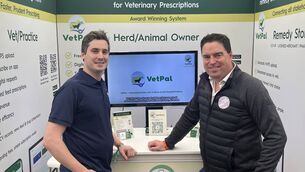 <p>Alan Gormley with Minister Martin Heydon at the VetPal stand at the Ploughing Championships last year.</p>