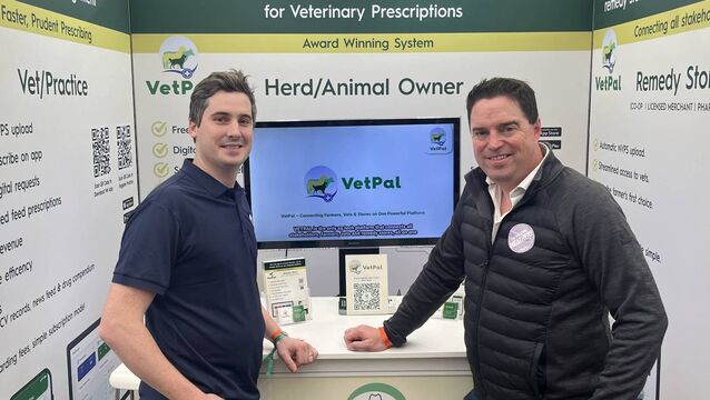 <p>Alan Gormley with Minister Martin Heydon at the VetPal stand at the Ploughing Championships last year.</p>