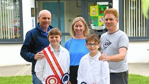 <p>Oisín Hogan and William Murray, pictured with their respective fathers Aidan and George and class teacher Claire Larkin. Pic: Gerard O'Loughlin</p> <p>Oisín Hogan and William Murray, pictured with their respective fathers Aidan and George and class teacher Claire Larkin. Pic: Gerard O'Loughlin</p>