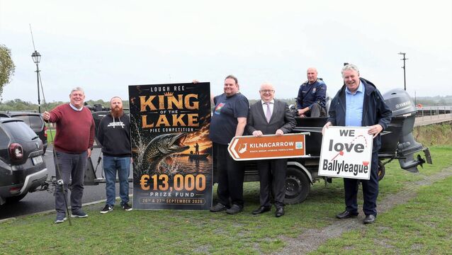 <p>King of the Lake organisers Philip Gordon, Joe McDermott and Laith with the sponsors of this year's festival Cllr Mark Casey (Longford County Council), Cllr Larry Brennan (Roscommon County Council) and Ciarán Mullooly MEP. Pic: Syl Healy</p>