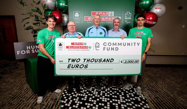 John Kennedy, Spar Monksland, alongside Spar and Eurospar brand ambassador and Olympian Fintan McCarthy and Irish Olympian Andrew Coscoran, alongside Tommy Grenham and Jimmy Green, Moore FC, at Lough Rea Hotel in Galway for the Spar and Eurospar Community Fund presentation lunch on Wednesday. Picture: INPHO/Nick Elliott