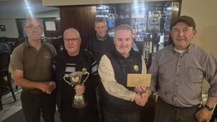 <p>Pictured at the presentation of prizes following the Baggott Cup Competition on Lake O’Flynn, Ballinlough were Connie Finnerty, Padraig Baggott, Micheal McDermott (rear), Ronan Baggott, and Peter Corcoran. </p> <p>Pictured at the presentation of prizes following the Baggott Cup Competition on Lake O’Flynn, Ballinlough were Connie Finnerty, Padraig Baggott, Micheal McDermott (rear), Ronan Baggott, and Peter Corcoran. </p>