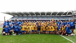 <p>The Roscommon intermediate ladies' football panel and management team, with the Mary Quinn Memorial Cup, following their 2-12 to 0-6 victory against Fermanagh in the All-Ireland final at Croke Park. Pic: INPHO/Ben Brady</p> <p>The Roscommon intermediate ladies' football panel and management team, with the Mary Quinn Memorial Cup, following their 2-12 to 0-6 victory against Fermanagh in the All-Ireland final at Croke Park. Pic: INPHO/Ben Brady</p>