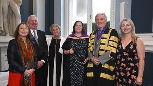 <p>The Royal College of Physicians of Ireland has welcomed a new member from Ballygar, Dr Suzanne O'Mahony. Picture shows Gillian Flanagan, Donal O’Mahony, Mary O’Mahony, Dr Suzanne O’Mahony, RCPI President Dr Diarmuid O’Shea, and Alison O’Mahony. </p>