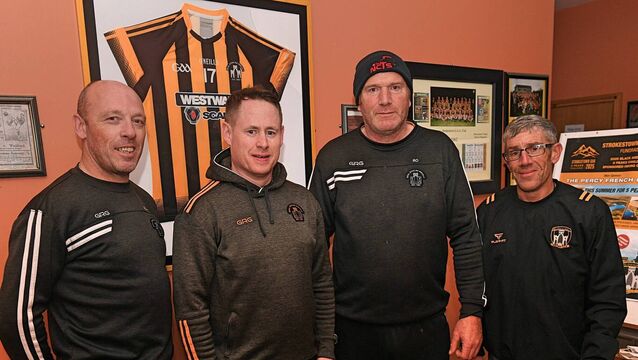 <p>Members of the Strokestown management team, including manager Pearse McGinley (far left) ahead of last year's intermediate football final against Éire Óg. Picture: Gerard O'Loughlin</p>