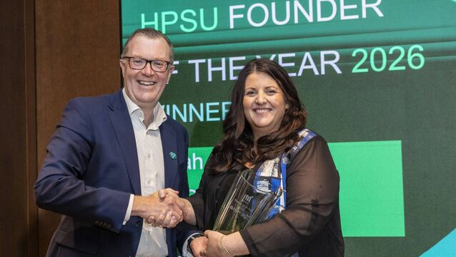 <p>Mark Christal, executive director, Enterprise Ireland and Leah Fletcher, founder and CEO, Dunbar Pharma, winner of the Enterprise Ireland HPSU Founder of the Year 2026 at the awards ceremony in Salesforce Tower, Dublin. Pic: Orla Murray/Coalesce </p>