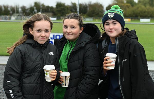 Eva Beattie, Ruby Dowling, Isabelle Nally supporting the Oran senior camogie team during their county final triumph against Athleague in Lisnamult on Saturday last. 