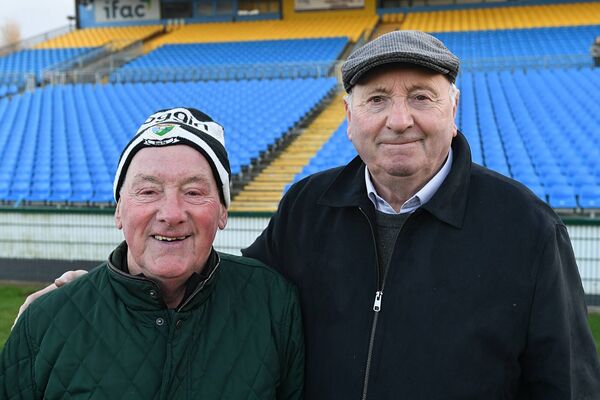 Noel Raftery and Pat Carty after Éire Óg's thrilling county intermediate football final success against Tulsk Lord Edwards at King and Moffatt Dr. Hyde Park on Sunday last. 